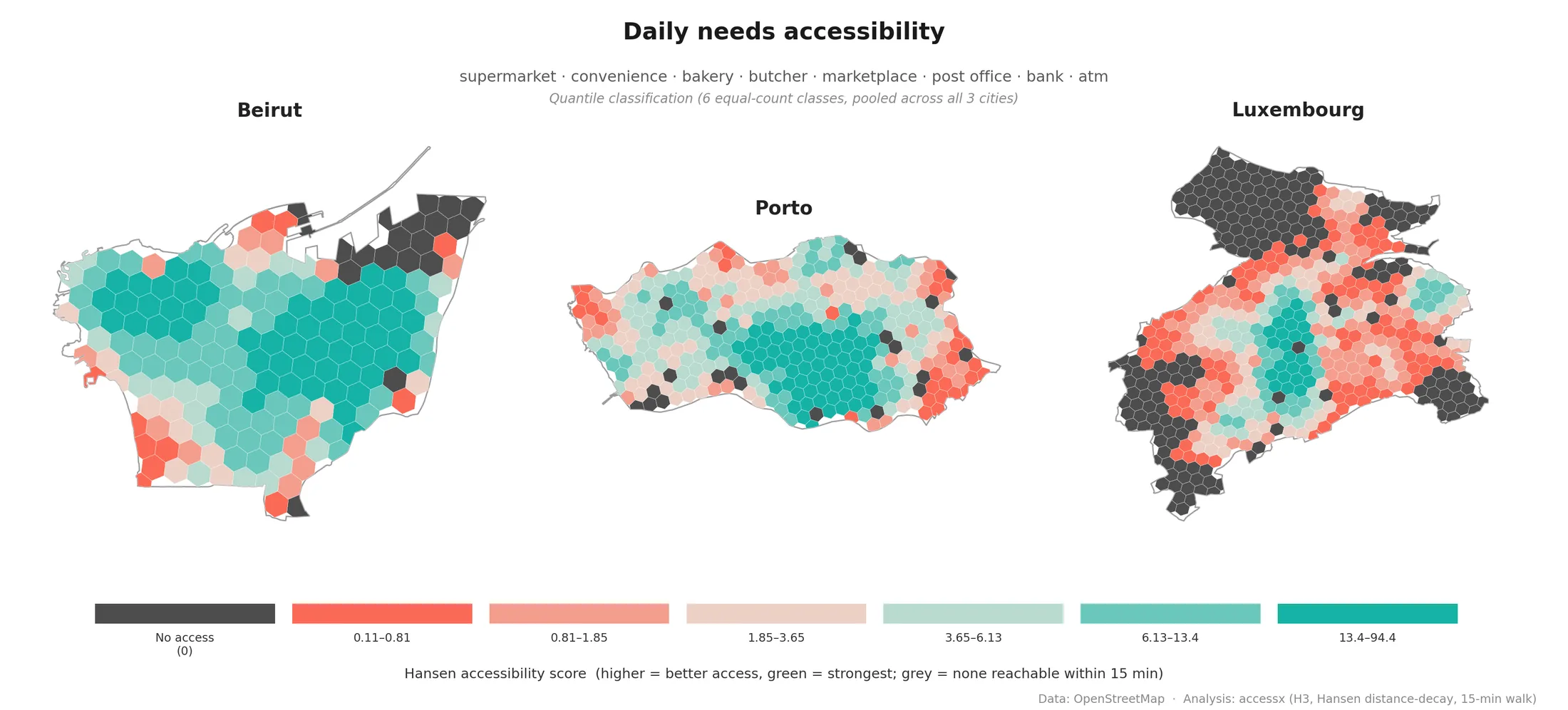 Quantile-classified daily needs accessibility map for Beirut, Porto, and Luxembourg