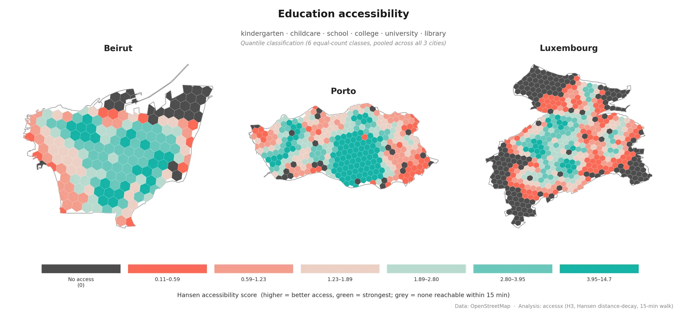 Quantile-classified education accessibility map for Beirut, Porto, and Luxembourg