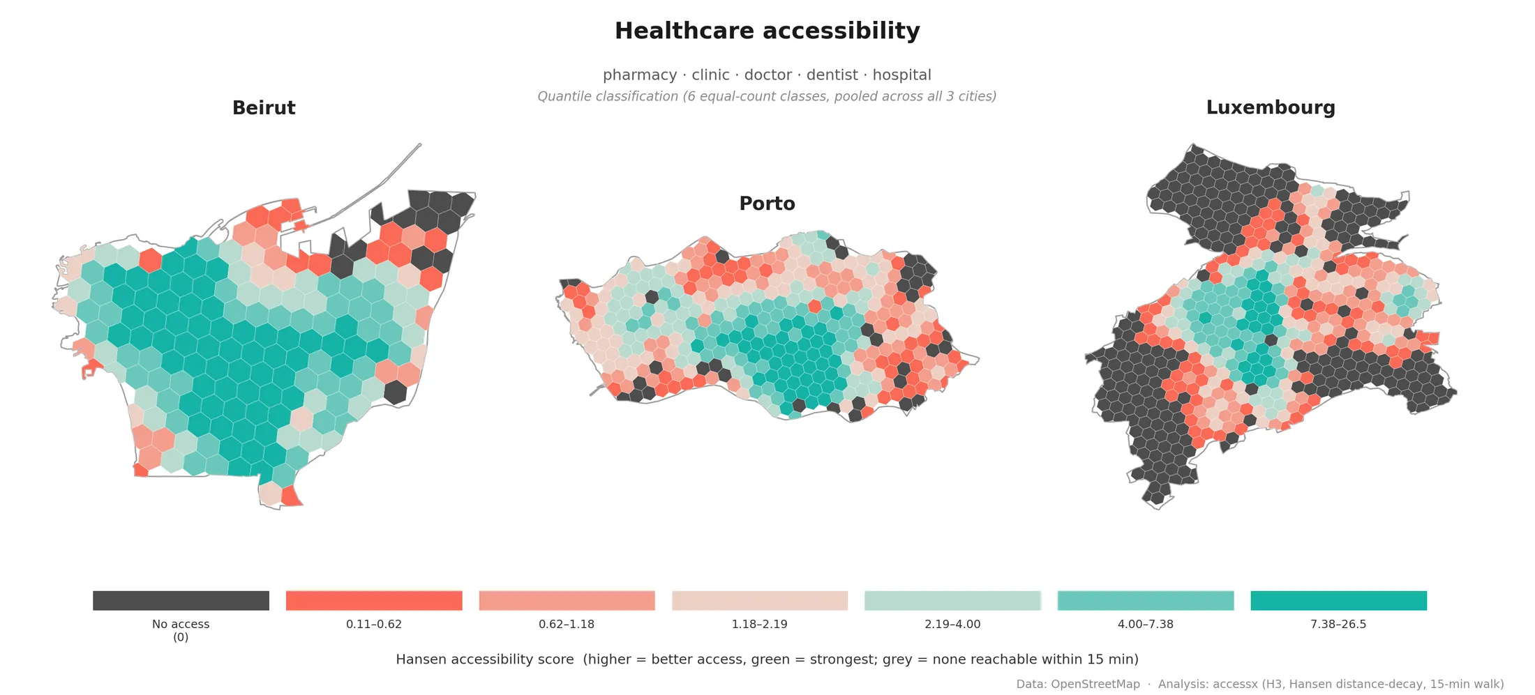 Quantile-classified healthcare accessibility map for Beirut, Porto, and Luxembourg