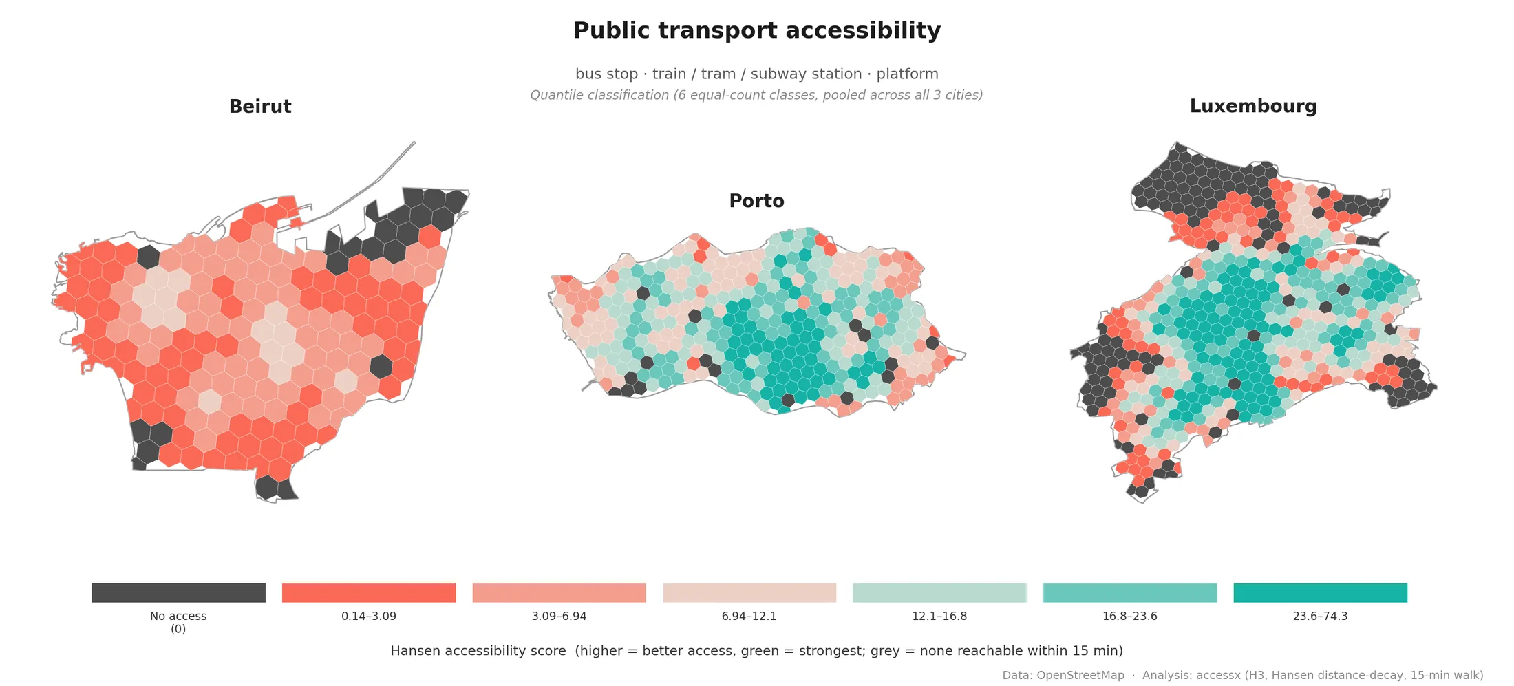 Quantile-classified public transport accessibility map for Beirut, Porto, and Luxembourg