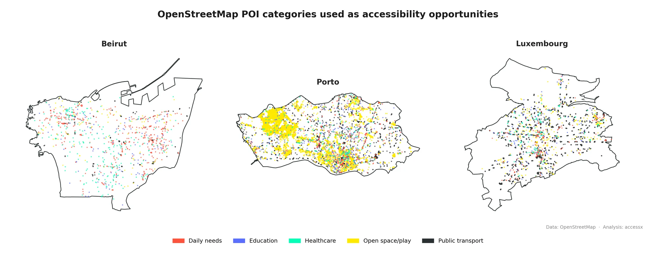Every amenity used as an accessibility opportunity across the three cities, coloured by category
