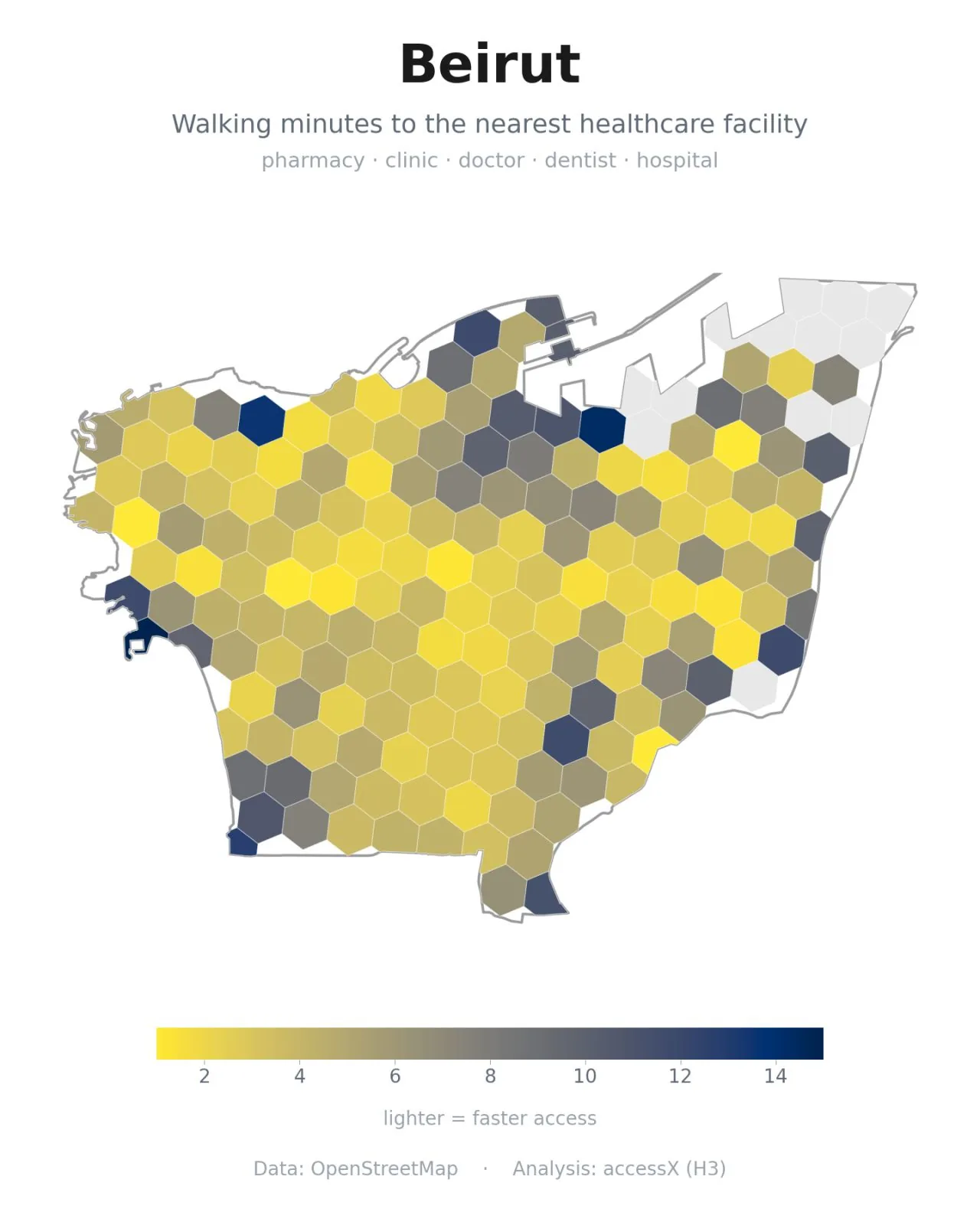 Hex map of walking time to the nearest healthcare facility across Beirut
