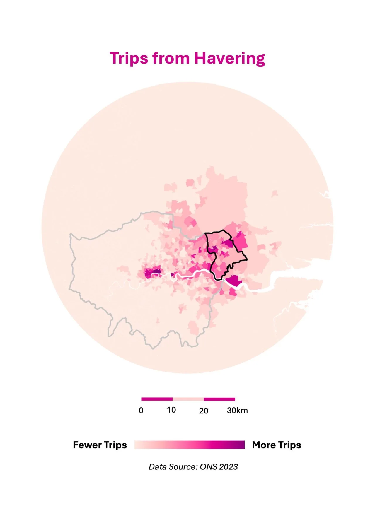 Map of commuting trips out of the London Borough of Havering, ONS 2023 data
