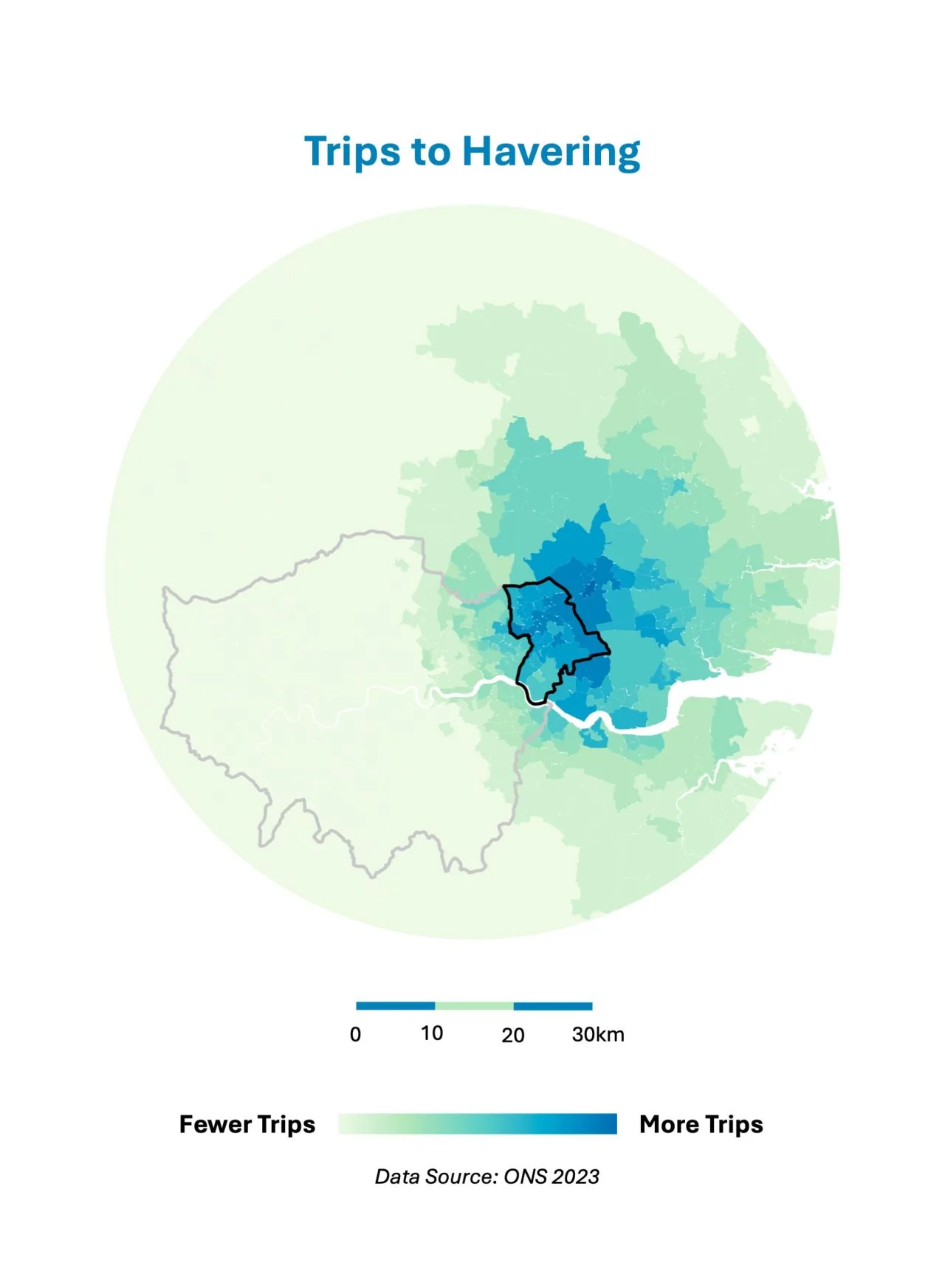 Map of commuting trips into the London Borough of Havering, ONS 2023 data
