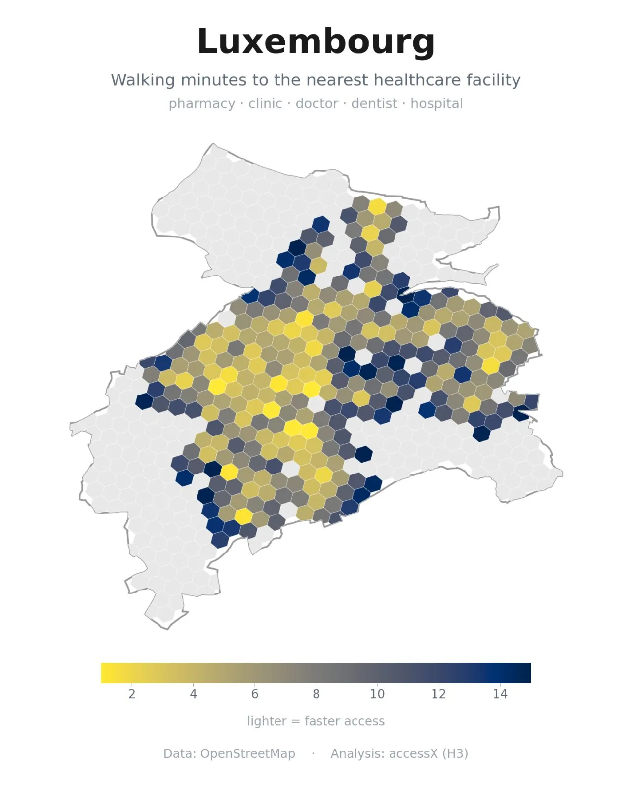 Hex map of walking time to the nearest healthcare facility across Luxembourg