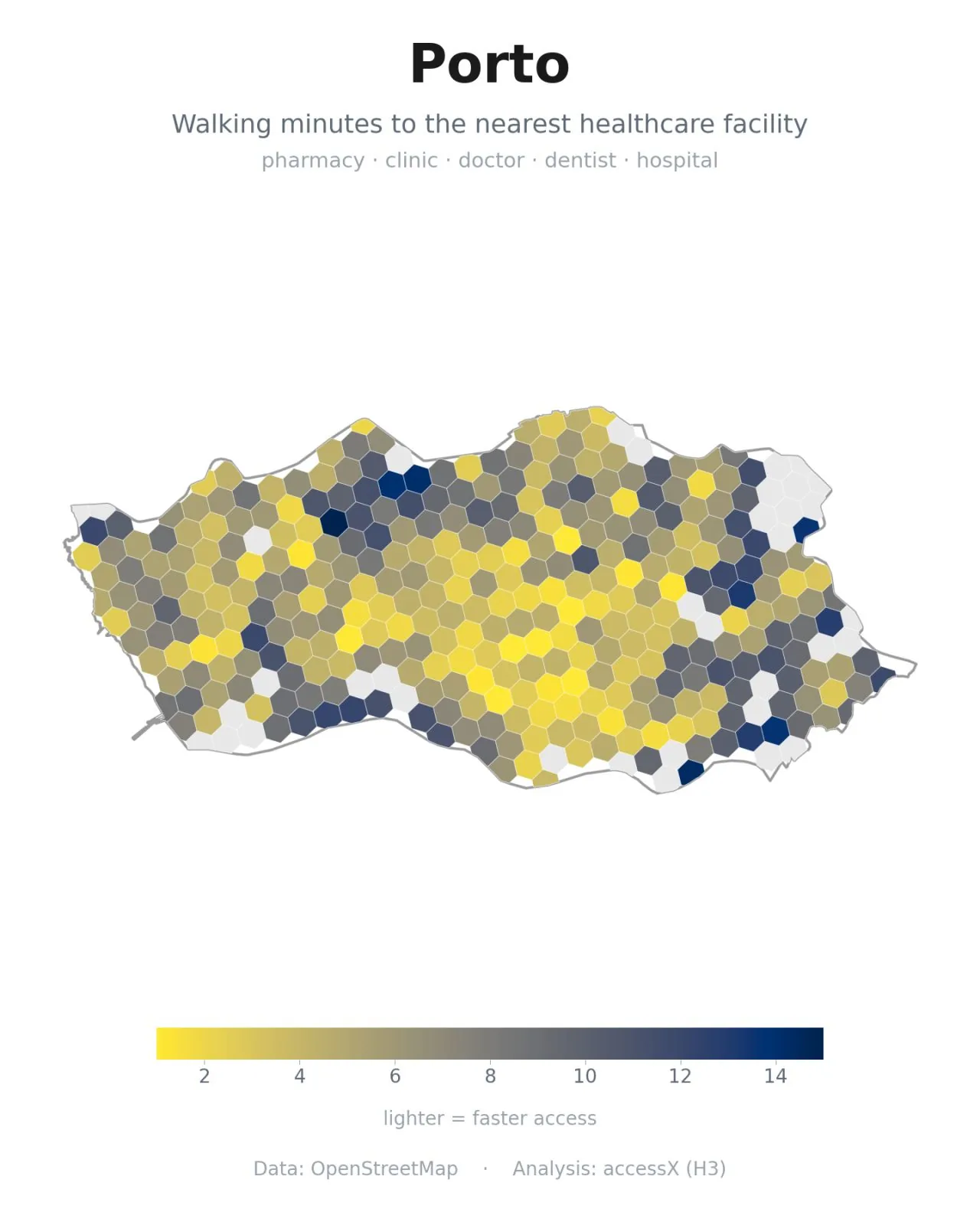 Hex map of walking time to the nearest healthcare facility across Porto