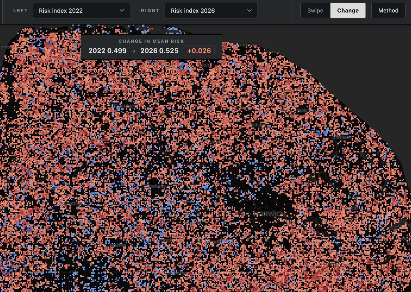 Norfolk wildfire risk, change view: mean risk index rising from 0.499 in 2022 to 0.525 in 2026, a +0.026 increase; red cells show where risk grew, blue where it fell