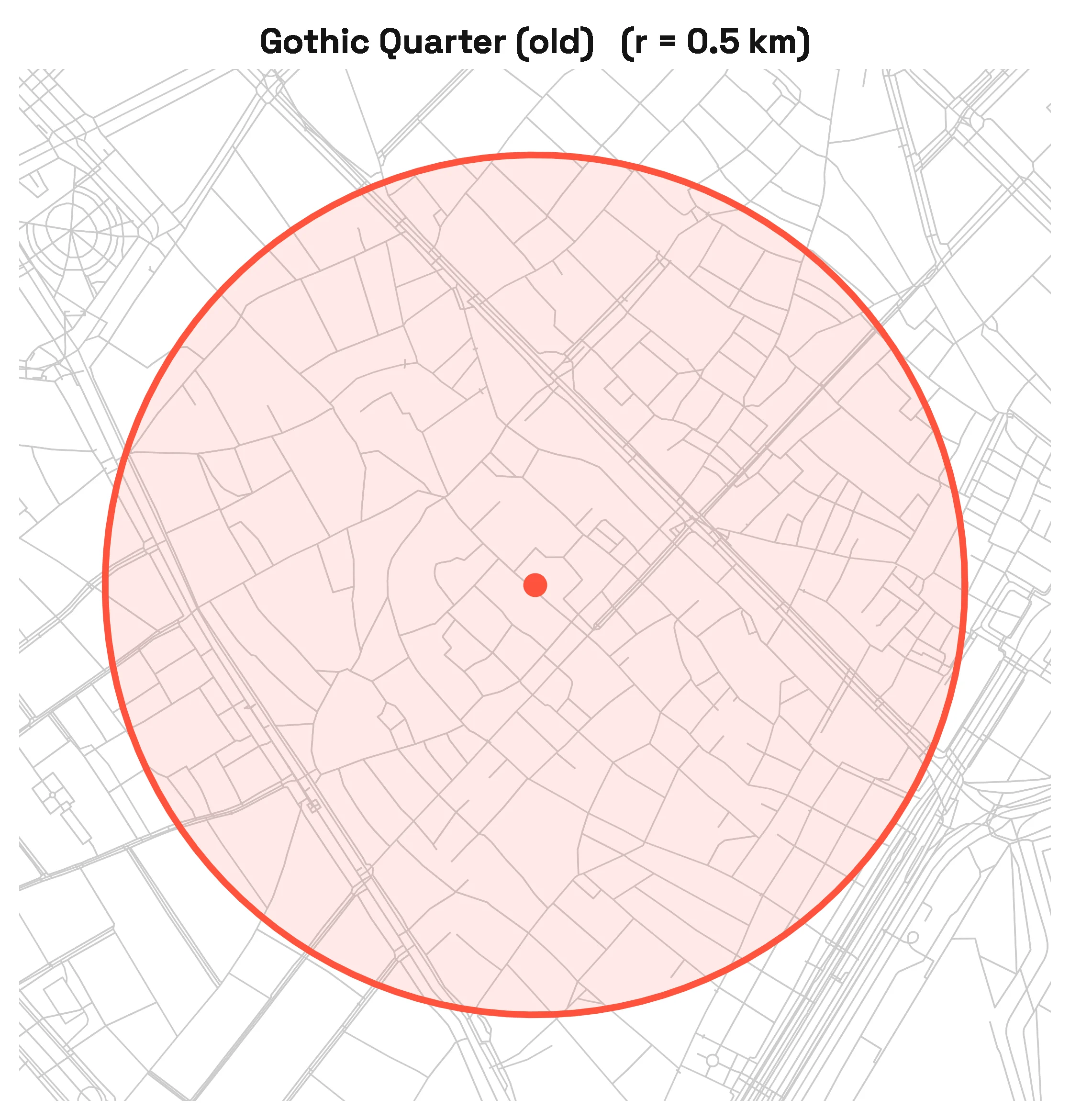 Close-up street network of Barcelona's Gothic Quarter, showing narrow, irregular medieval lanes